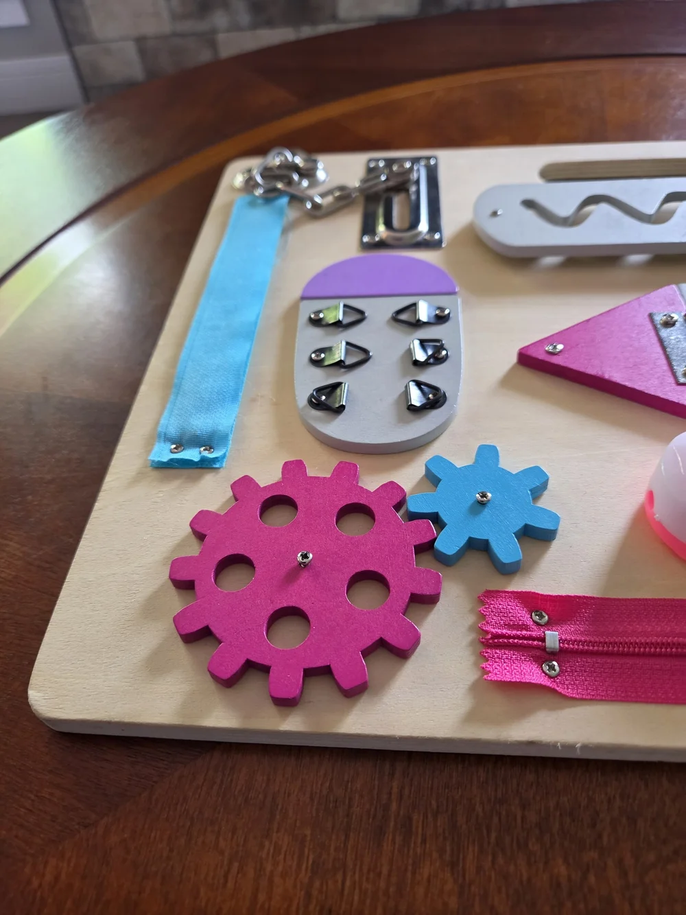 Wooden Montessori Busy Board for Kids - Pink, Turquoise, White
